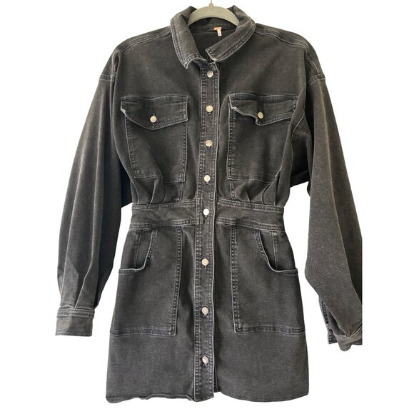 Free People Bo Denim Shirt Dress Midnight Black Button Down Long Sleeve - Picture 13 of 13